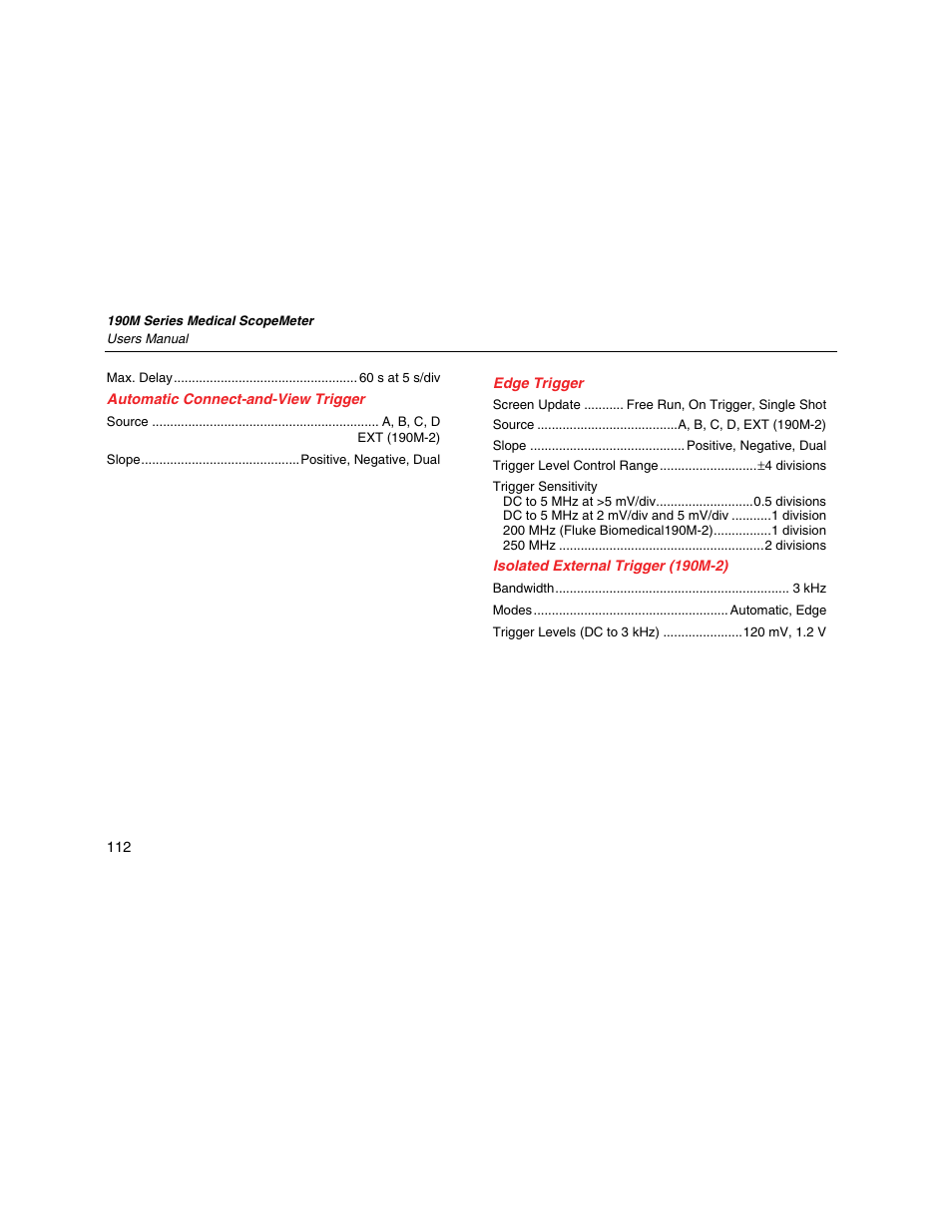 Automatic connect-and-view trigger, Edge trigger, Isolated external trigger (190m-2) | Fluke Biomedical 190M User Manual | Page 122 / 160