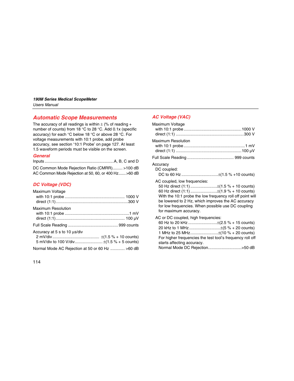 Automatic scope measurements, General, Dc voltage (vdc) | Ac voltage (vac) | Fluke Biomedical 190M User Manual | Page 124 / 160