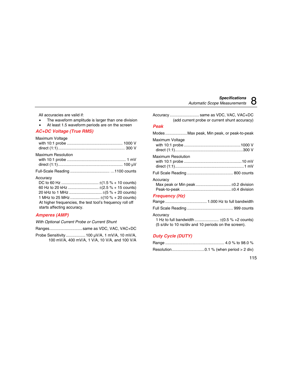 Ac+dc voltage (true rms), Amperes (amp), Peak | Frequency (hz), Duty cycle (duty) | Fluke Biomedical 190M User Manual | Page 125 / 160