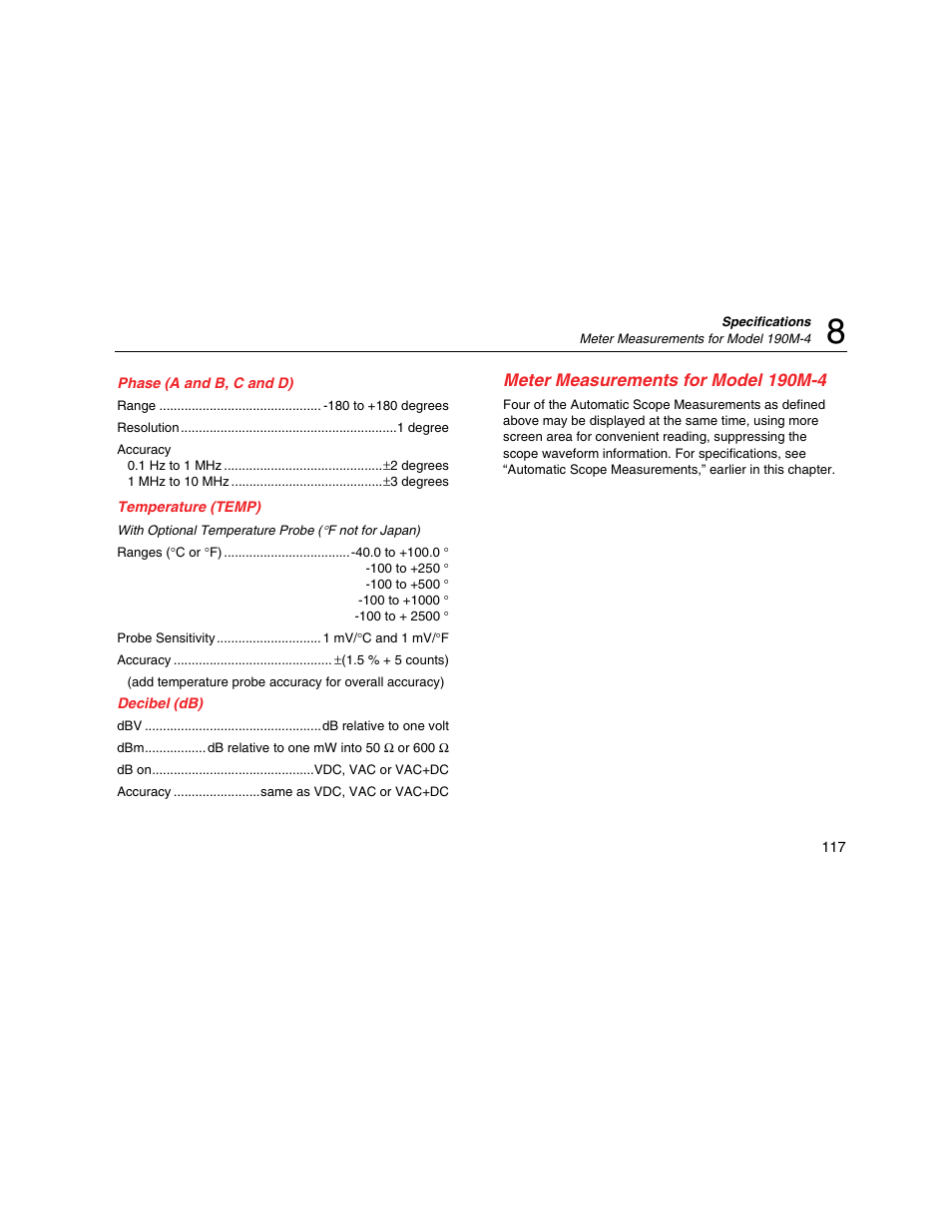 Phase (a and b, c and d), Temperature (temp), Decibel (db) | Meter measurements for model 190m-4 | Fluke Biomedical 190M User Manual | Page 127 / 160