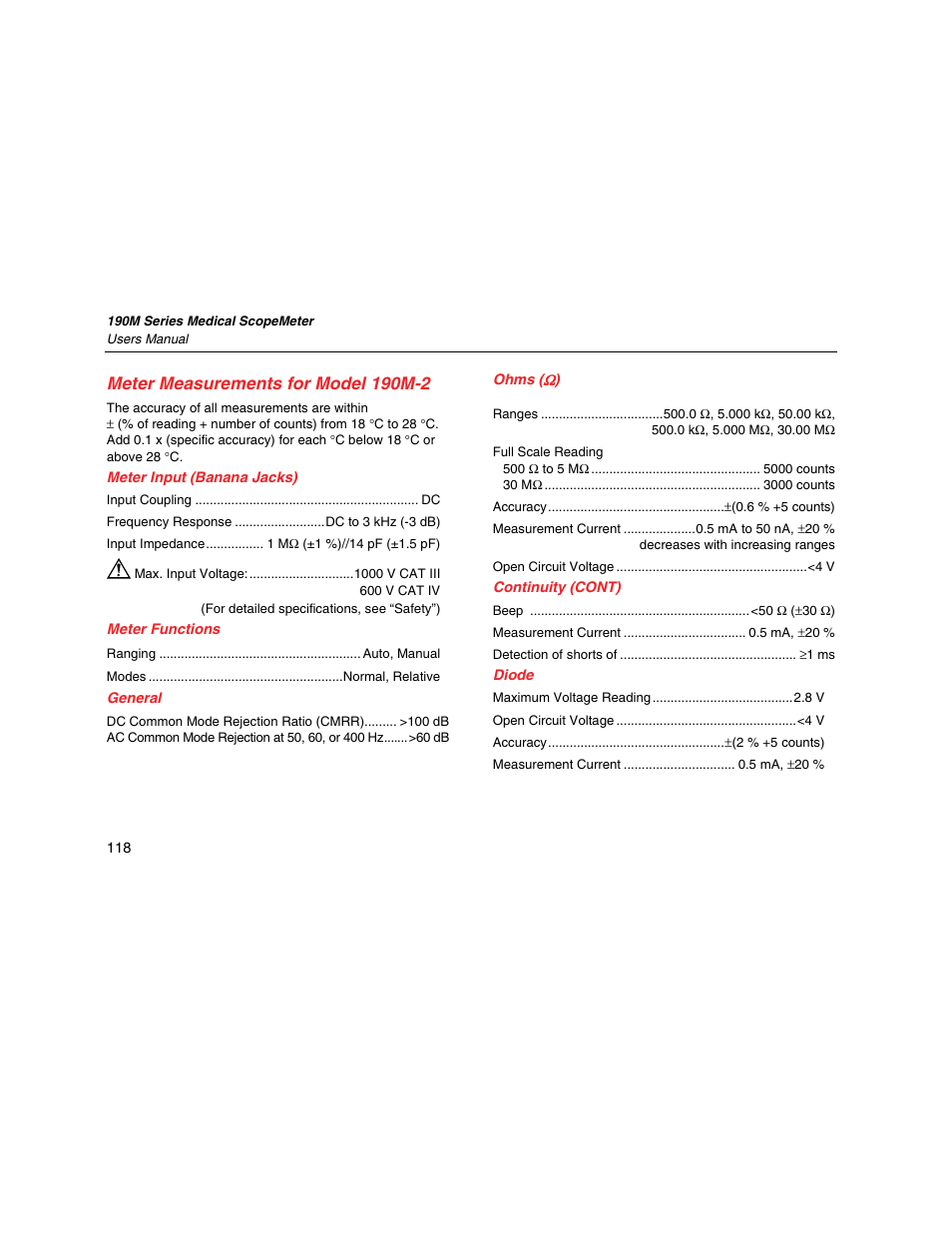 Meter measurements for model 190m-2, Meter input (banana jacks), Meter functions | General, Ohms ((), Continuity (cont), Diode | Fluke Biomedical 190M User Manual | Page 128 / 160