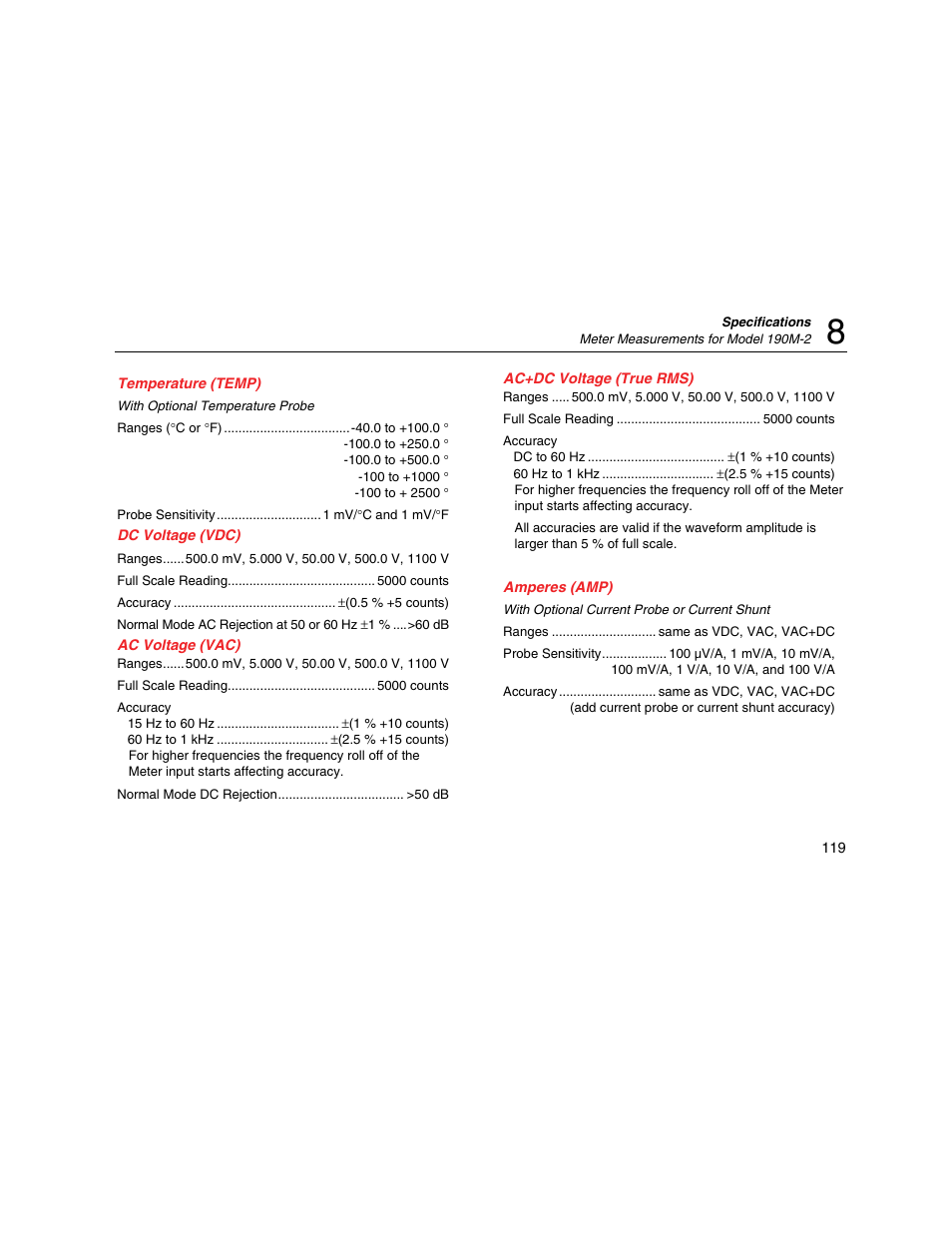 Temperature (temp), Dc voltage (vdc), Ac voltage (vac) | Ac+dc voltage (true rms), Amperes (amp) | Fluke Biomedical 190M User Manual | Page 129 / 160