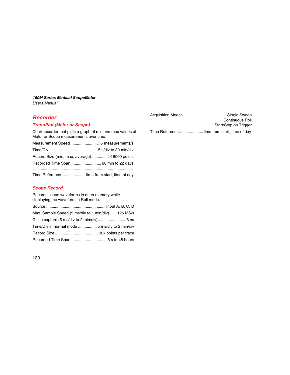 Recorder, Trendplot (meter or scope), Scope record | Fluke Biomedical 190M User Manual | Page 130 / 160