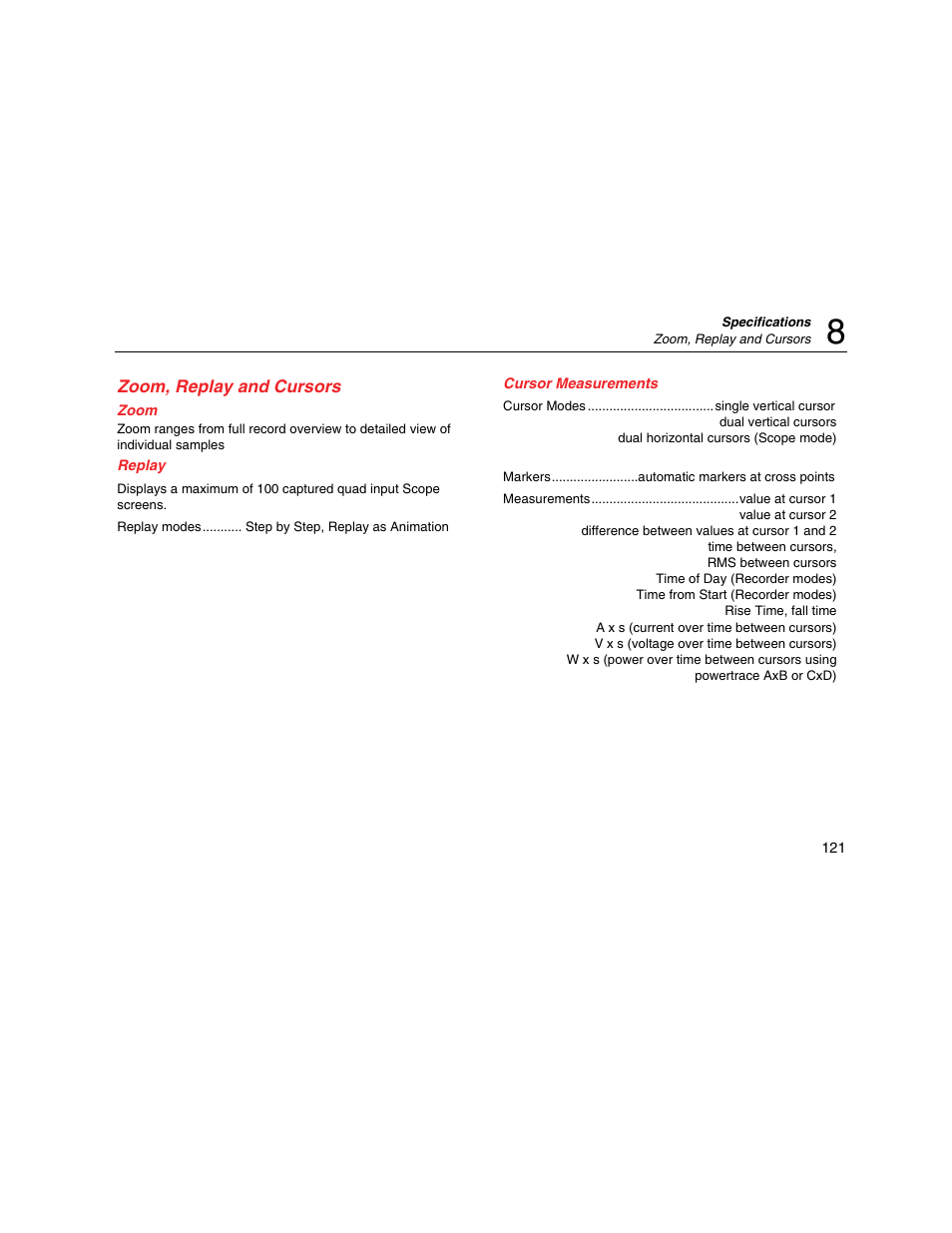 Zoom, replay and cursors, Zoom, Replay | Cursor measurements | Fluke Biomedical 190M User Manual | Page 131 / 160