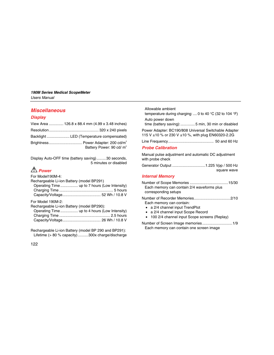 Miscellaneous, Display, Power | Probe calibration, Internal memory | Fluke Biomedical 190M User Manual | Page 132 / 160