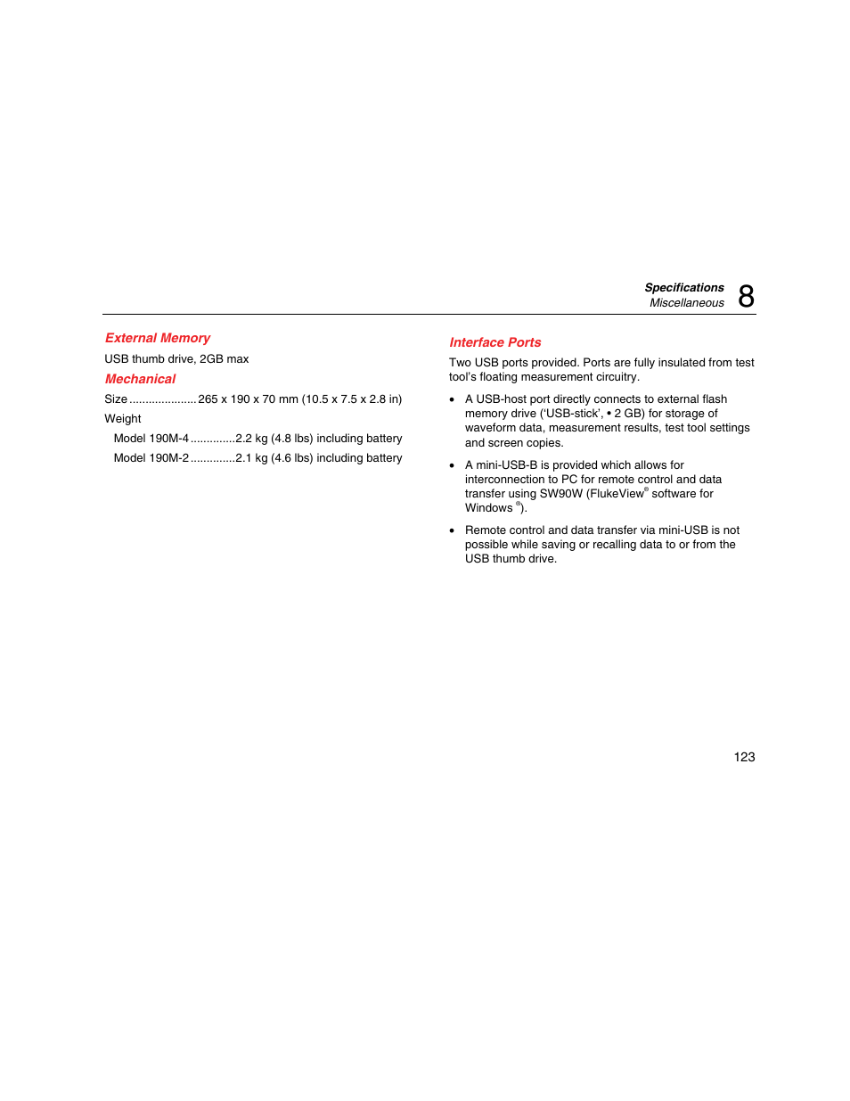 External memory, Mechanical, Interface ports | Fluke Biomedical 190M User Manual | Page 133 / 160