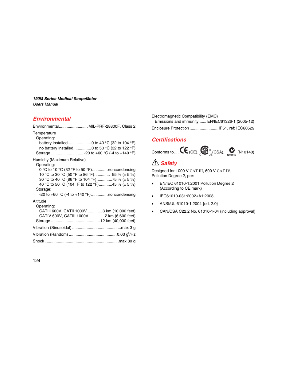Environmental, Certifications, Safety | Fluke Biomedical 190M User Manual | Page 134 / 160