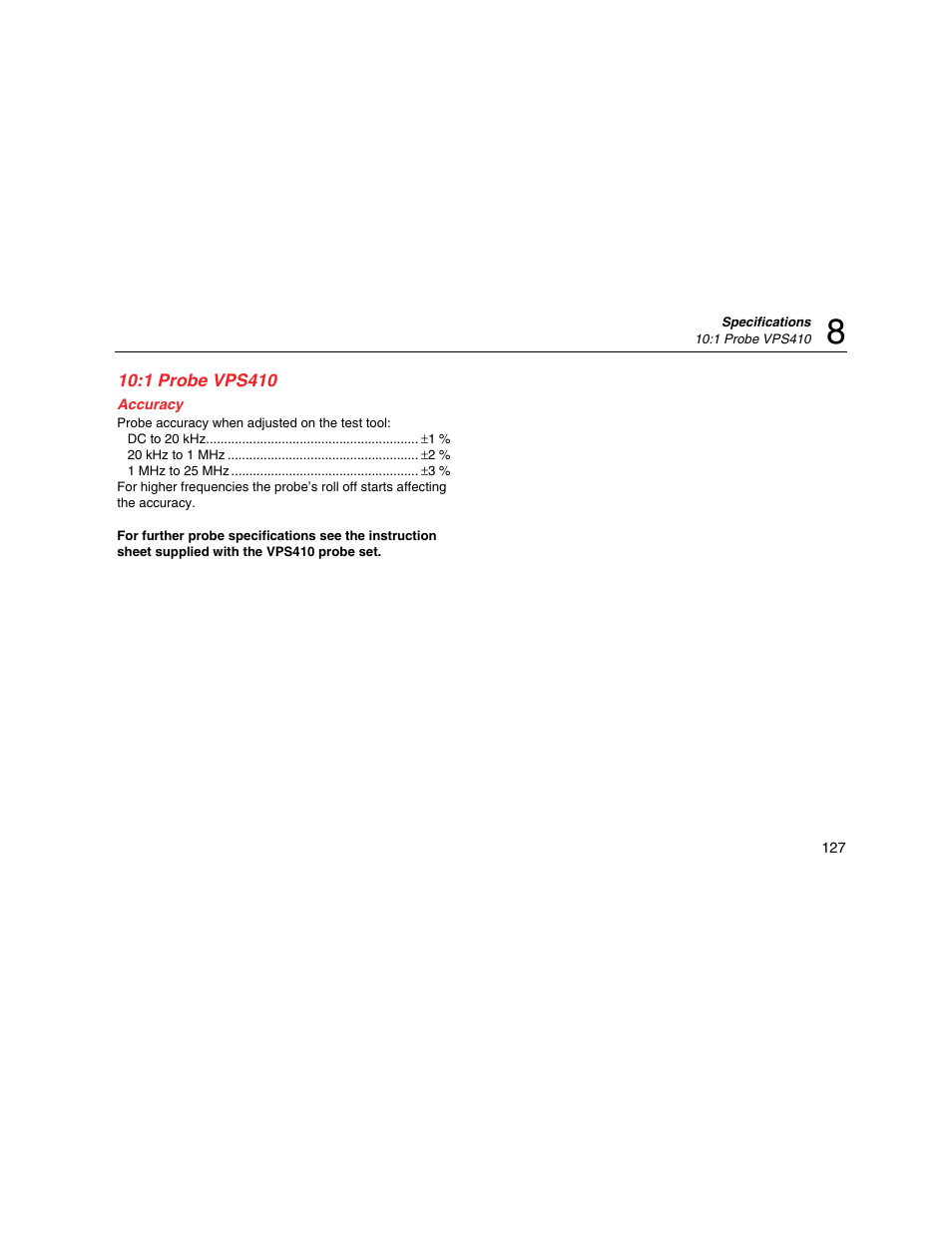 1 probe vps410, Accuracy | Fluke Biomedical 190M User Manual | Page 137 / 160