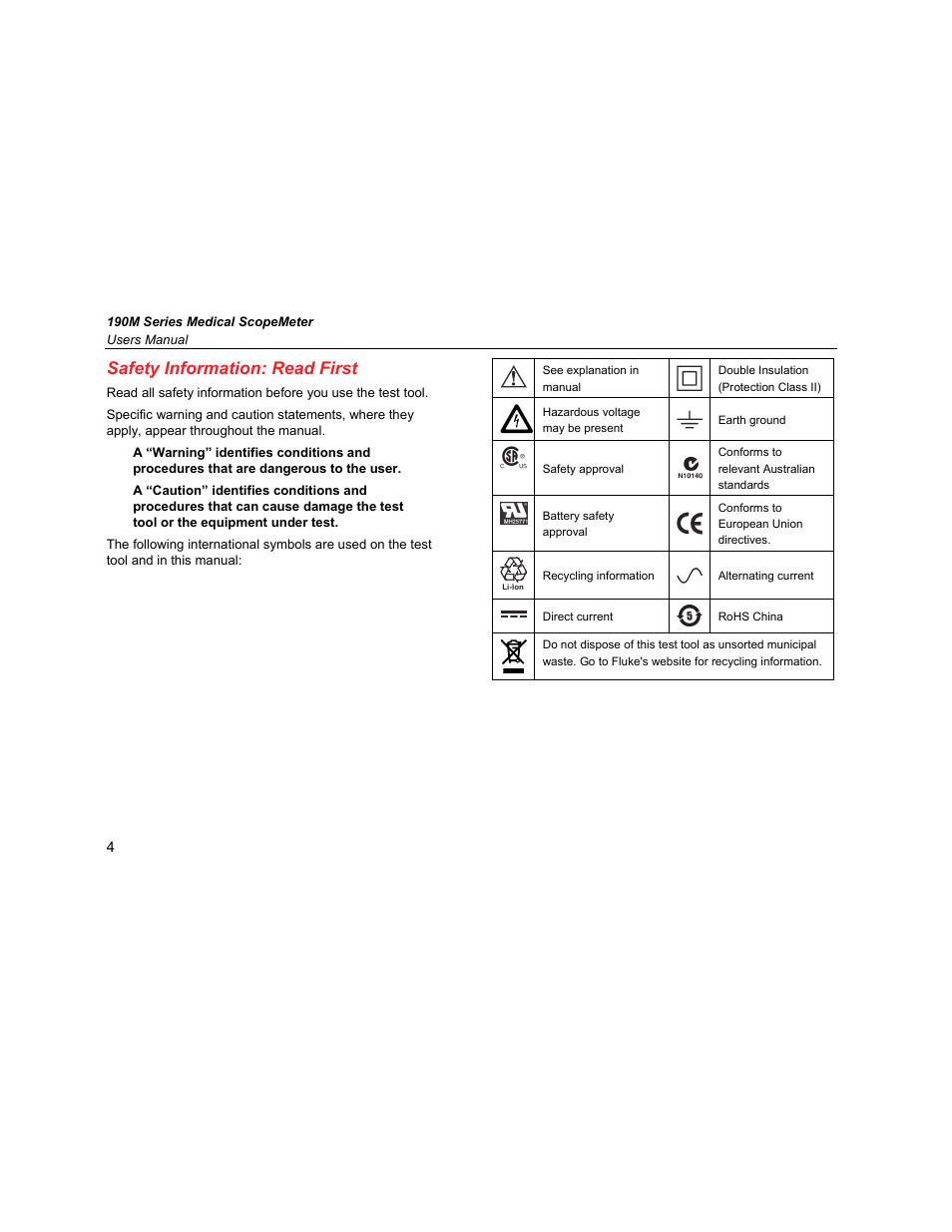 Safety information: read first | Fluke Biomedical 190M User Manual | Page 14 / 160