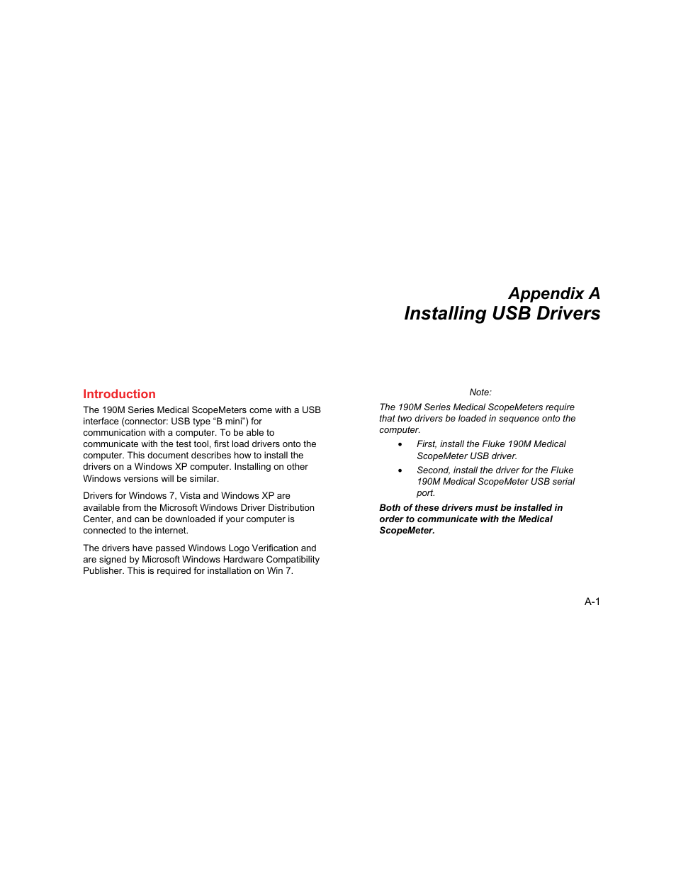 A. installing usb drivers, Introduction, Installing usb drivers | Appendix a | Fluke Biomedical 190M User Manual | Page 149 / 160
