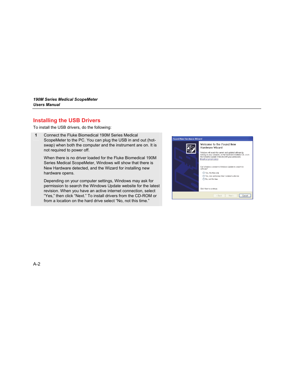 Installing the usb drivers | Fluke Biomedical 190M User Manual | Page 150 / 160