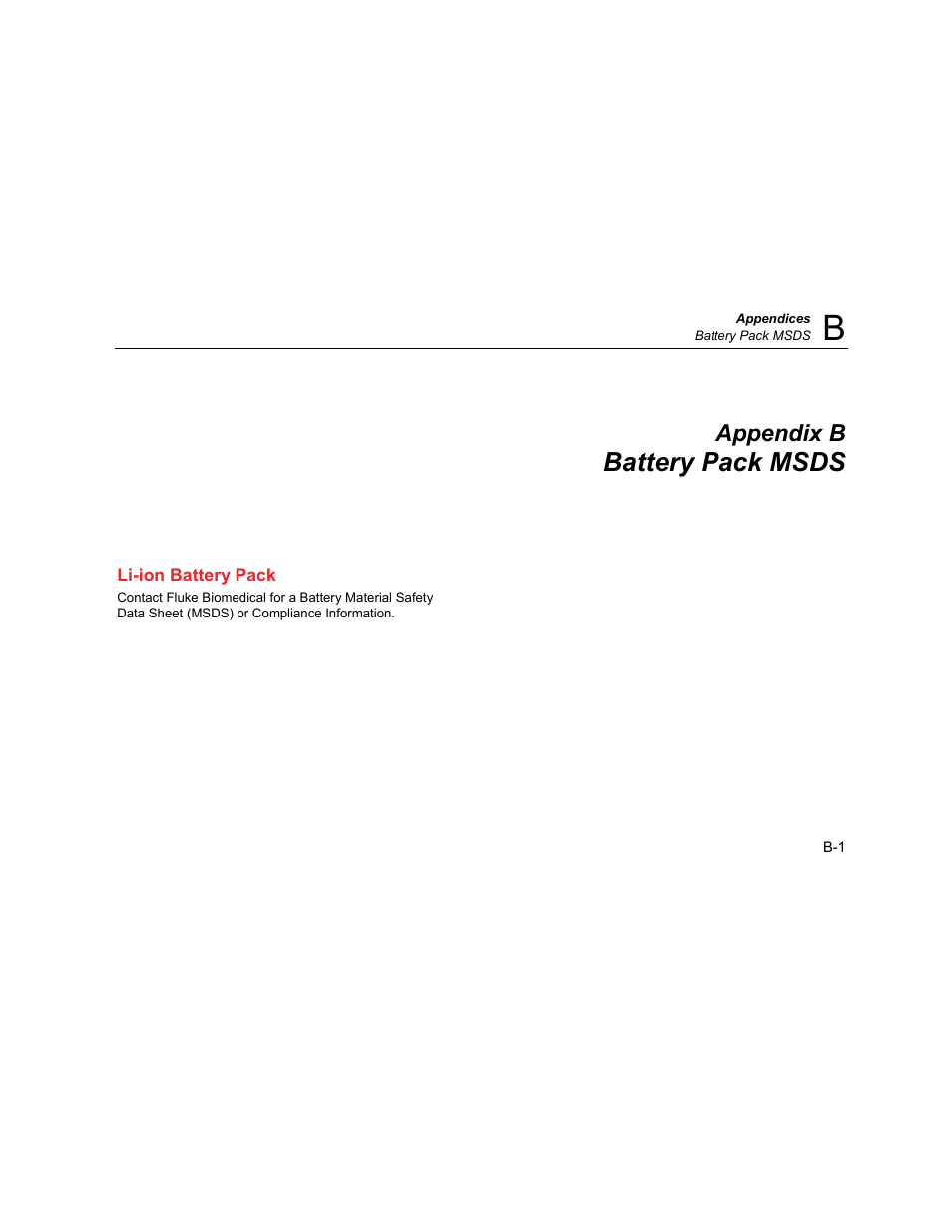 B. battery pack msds, Li-ion battery pack, Battery pack msds | Appendix b | Fluke Biomedical 190M User Manual | Page 155 / 160