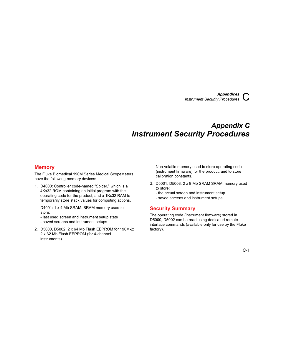 C. instrument security procedures, Memory, Security summary | Instrument security procedures, Appendix c | Fluke Biomedical 190M User Manual | Page 157 / 160