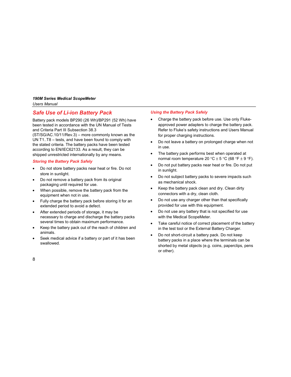 Safe use of li-ion battery pack, Storing the battery pack safely, Using the battery pack safely | Fluke Biomedical 190M User Manual | Page 18 / 160