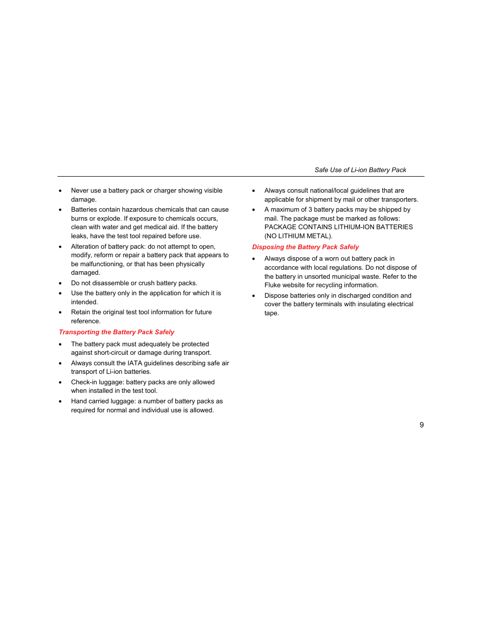 Transporting the battery pack safely, Disposing the battery pack safely | Fluke Biomedical 190M User Manual | Page 19 / 160