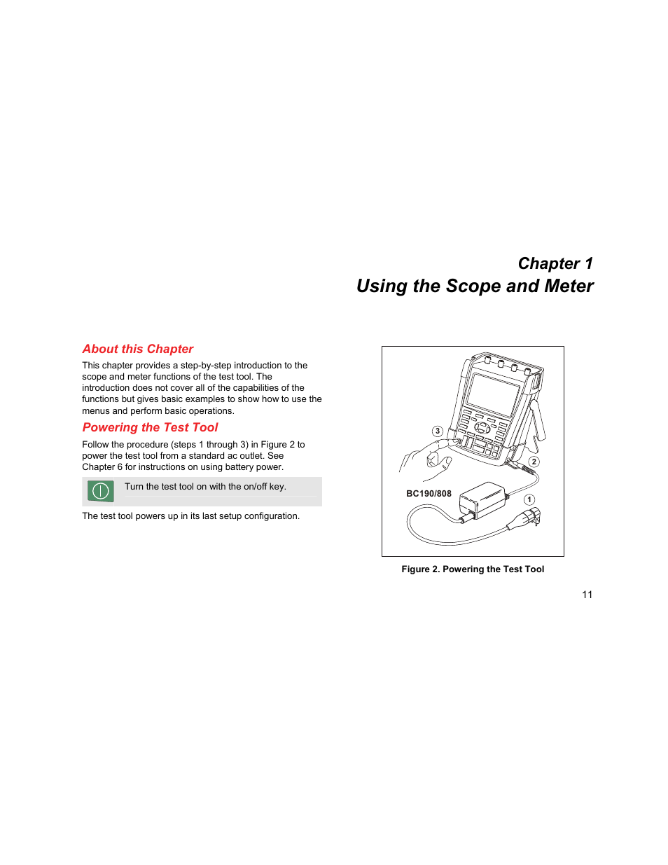 Using the scope and meter, About this chapter, Powering the test tool | Chapter 1 | Fluke Biomedical 190M User Manual | Page 21 / 160