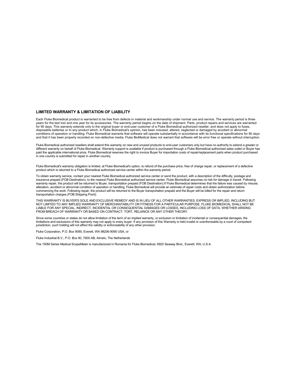 Warranty | Fluke Biomedical 190M User Manual | Page 3 / 160