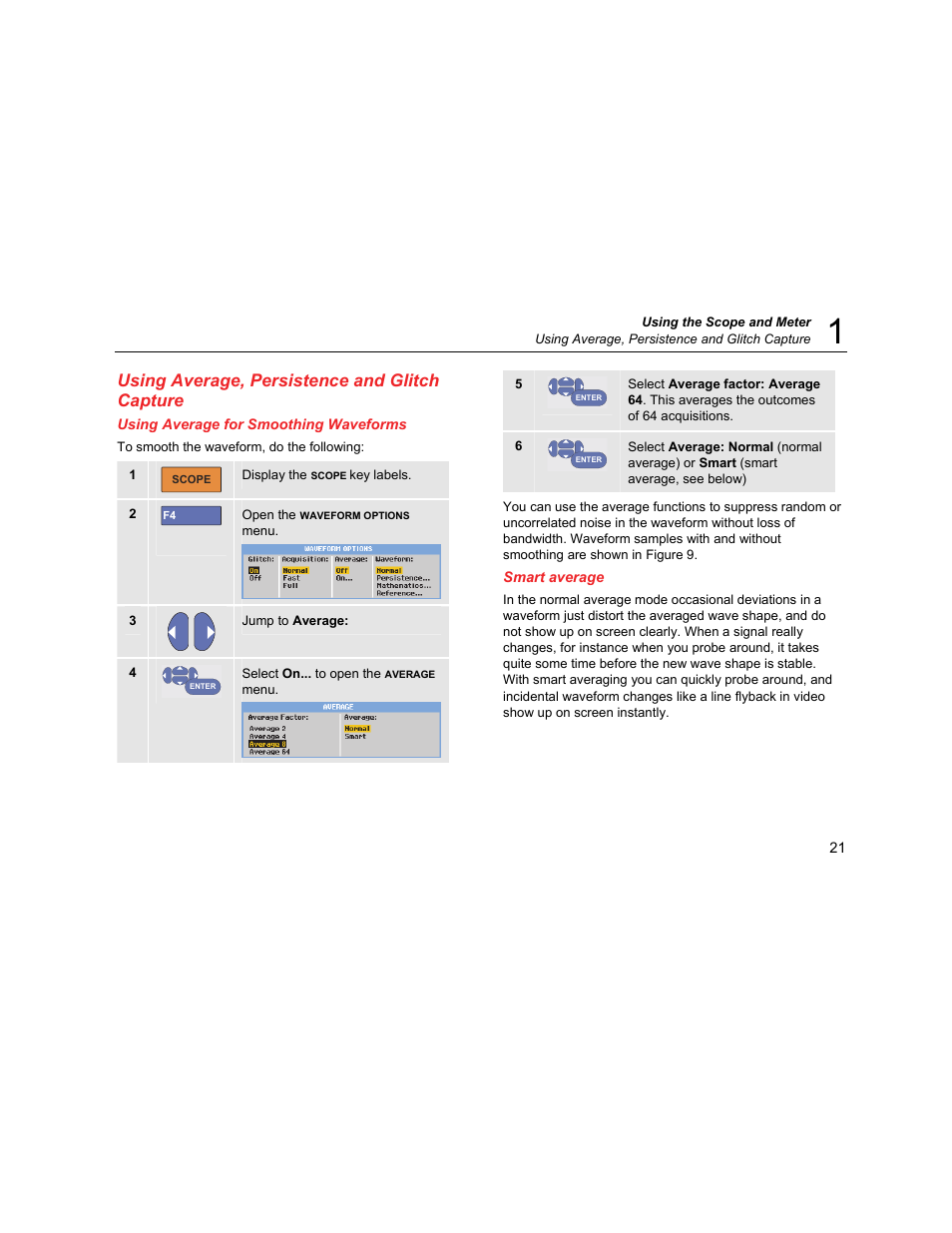 Using average, persistence and glitch capture, Using average for smoothing waveforms, Smart average | Fluke Biomedical 190M User Manual | Page 31 / 160