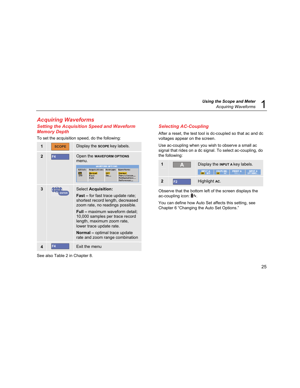 Acquiring waveforms, Selecting ac-coupling | Fluke Biomedical 190M User Manual | Page 35 / 160