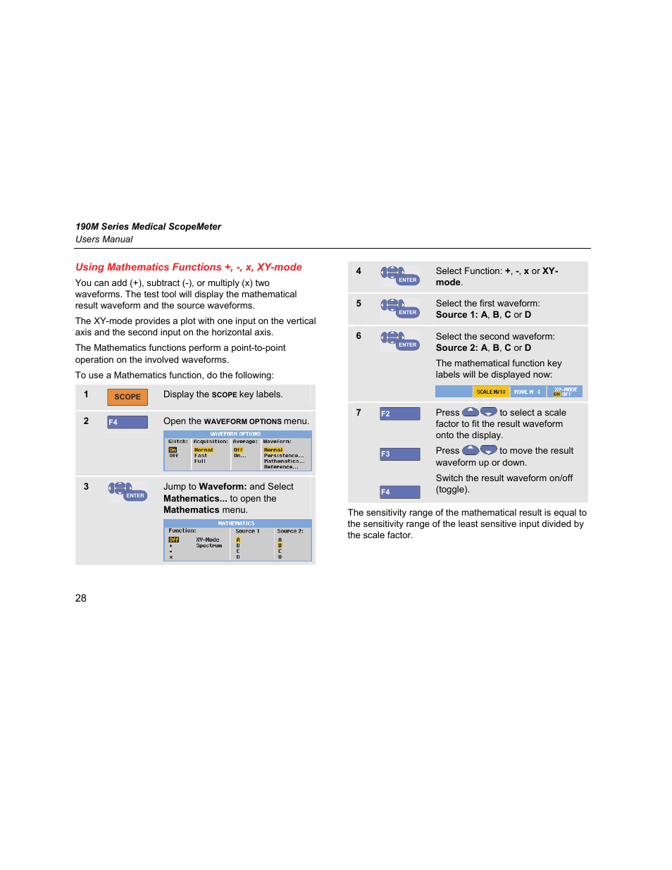 Using mathematics functions +, -, x, xy-mode | Fluke Biomedical 190M User Manual | Page 38 / 160