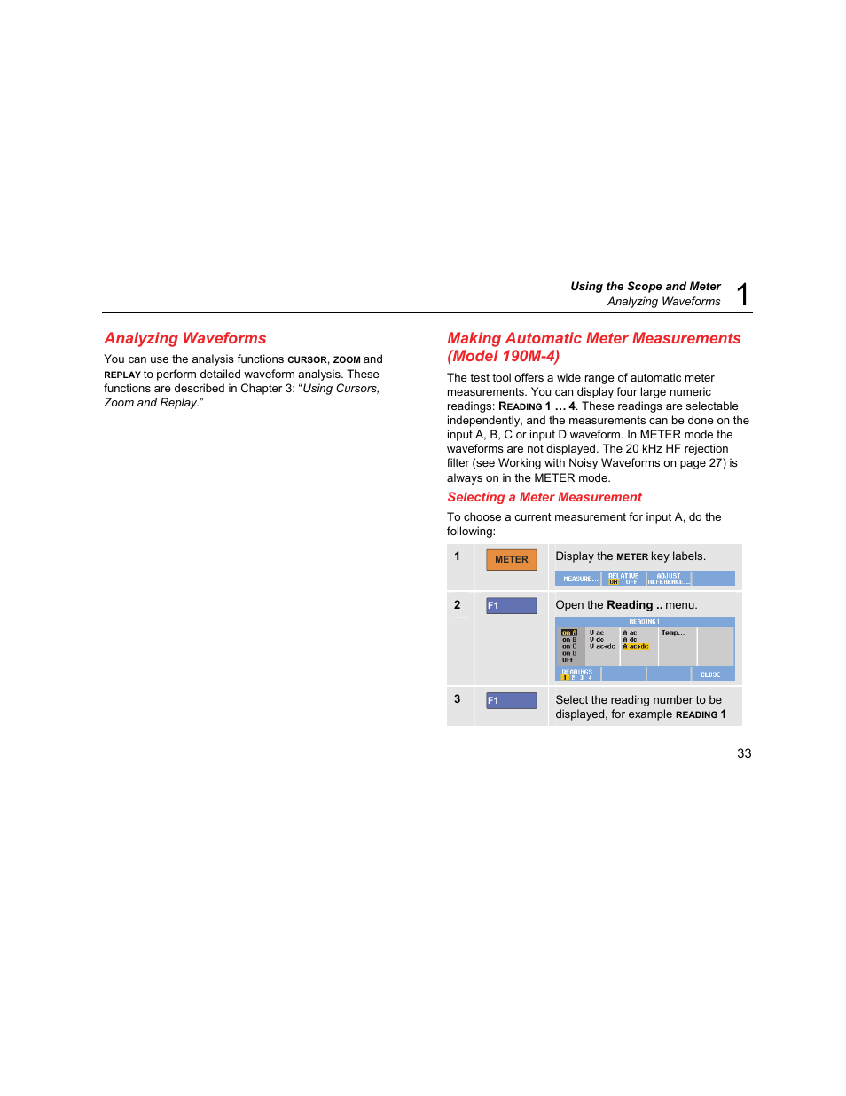 Analyzing waveforms, Making automatic meter measurements (model 190m-4), Selecting a meter measurement | Fluke Biomedical 190M User Manual | Page 43 / 160