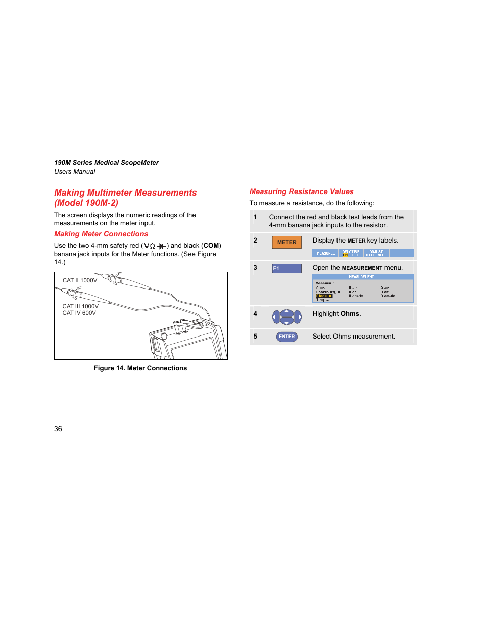 Making multimeter measurements (model 190m-2), Making meter connections, Measuring resistance values | Fluke Biomedical 190M User Manual | Page 46 / 160