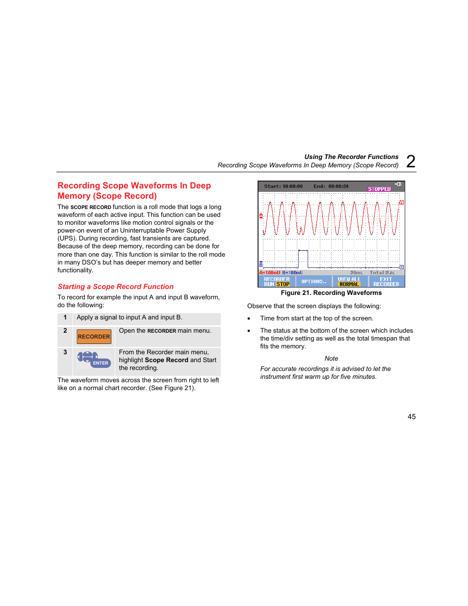Starting a scope record function | Fluke Biomedical 190M User Manual | Page 55 / 160