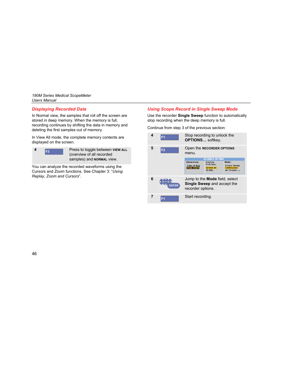 Displaying recorded data, Using scope record in single sweep mode | Fluke Biomedical 190M User Manual | Page 56 / 160