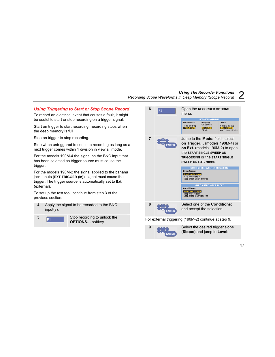 Using triggering to start or stop scope record | Fluke Biomedical 190M User Manual | Page 57 / 160