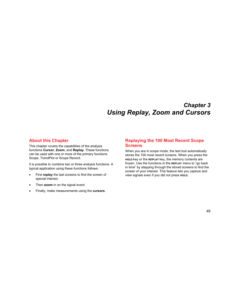 Using replay, zoom and cursors, About this chapter, Replaying the 100 most recent scope screens | Chapter 3 | Fluke Biomedical 190M User Manual | Page 59 / 160