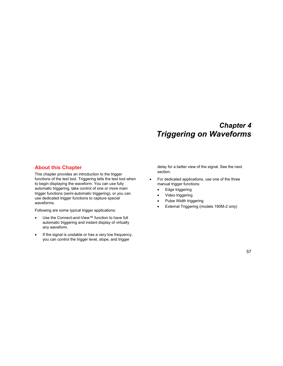 Triggering on waveforms, About this chapter, Chapter 4 | Fluke Biomedical 190M User Manual | Page 67 / 160