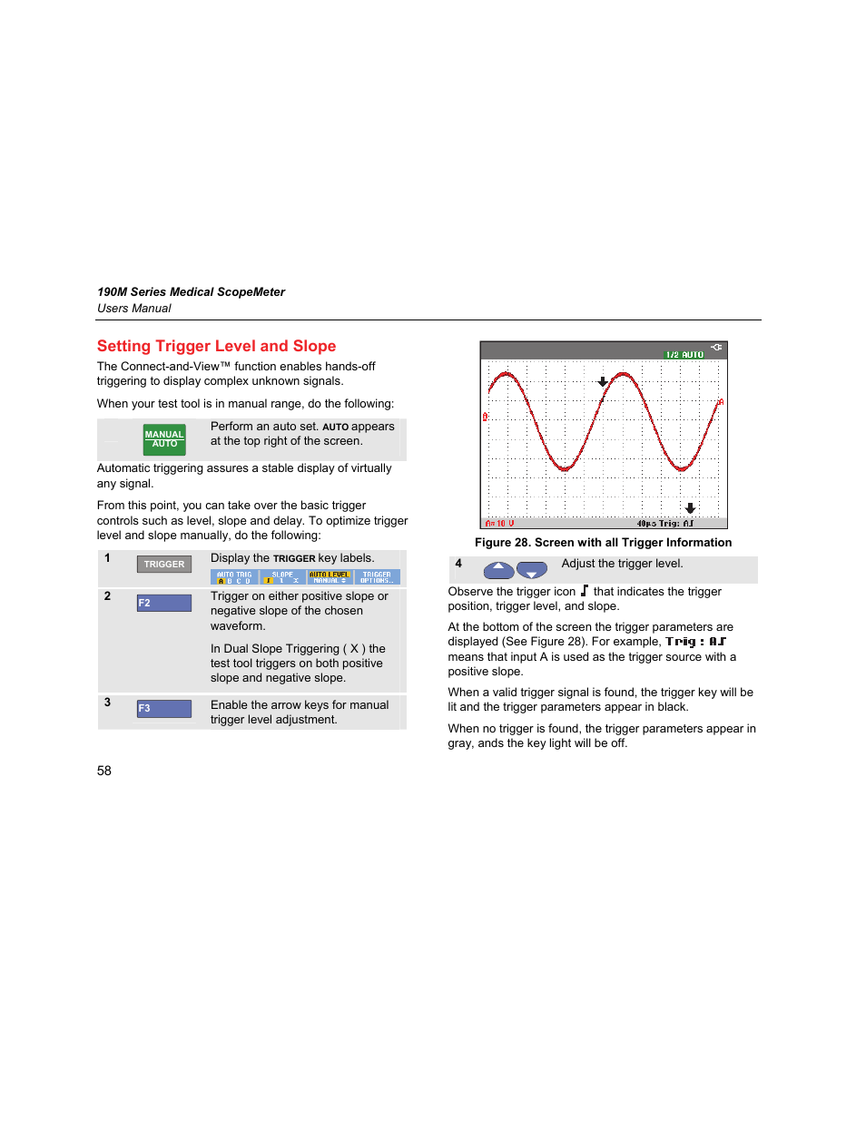 Setting trigger level and slope | Fluke Biomedical 190M User Manual | Page 68 / 160