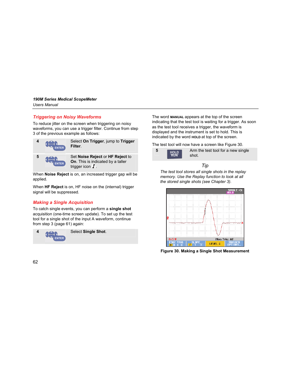 Triggering on noisy waveforms, Making a single acquisition | Fluke Biomedical 190M User Manual | Page 72 / 160