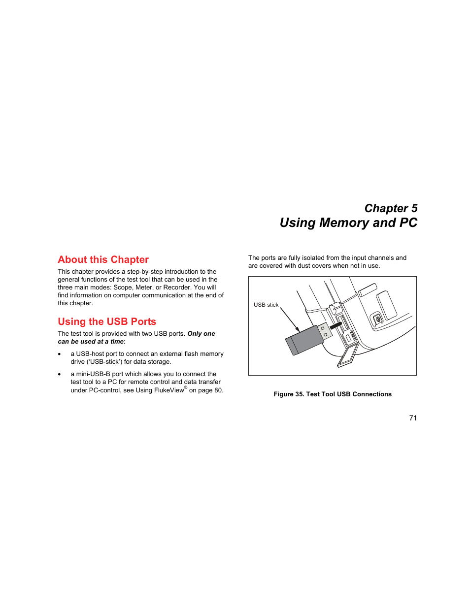 Using memory and pc, About this chapter, Using the usb ports | Chapter 5 | Fluke Biomedical 190M User Manual | Page 81 / 160