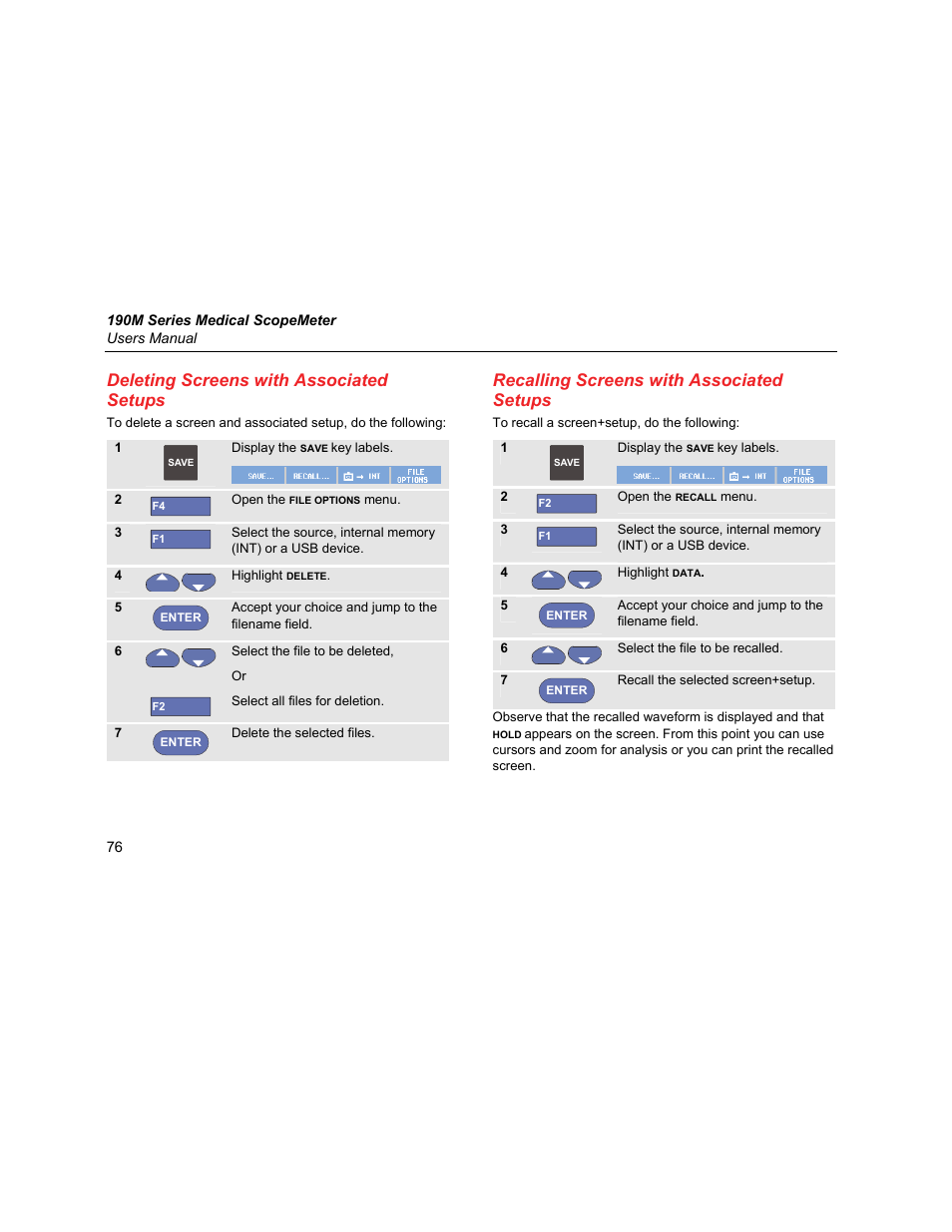 Deleting screens with associated setups, Recalling screens with associated setups | Fluke Biomedical 190M User Manual | Page 86 / 160