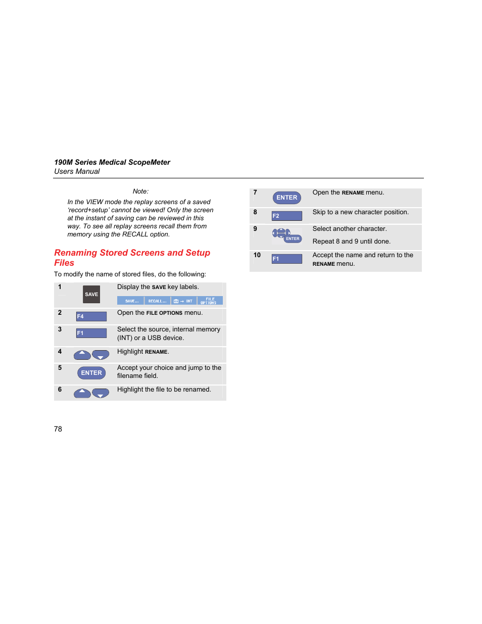Renaming stored screens and setup files | Fluke Biomedical 190M User Manual | Page 88 / 160