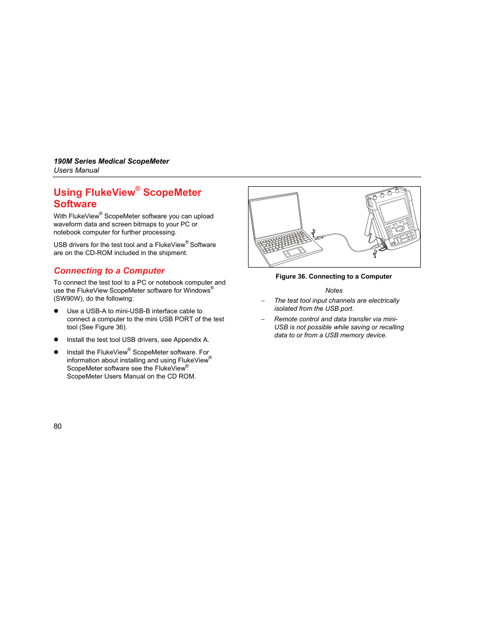 Using flukeview® scopemeter software, Connecting to a computer, Using flukeview | Scopemeter software | Fluke Biomedical 190M User Manual | Page 90 / 160