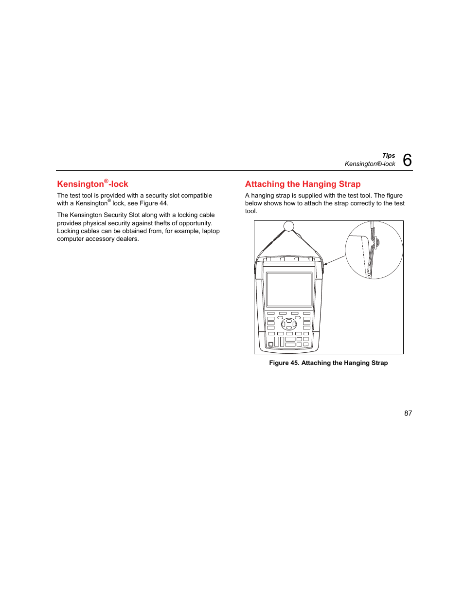 Kensington®-lock, Attaching the hanging strap | Fluke Biomedical 190M User Manual | Page 97 / 160