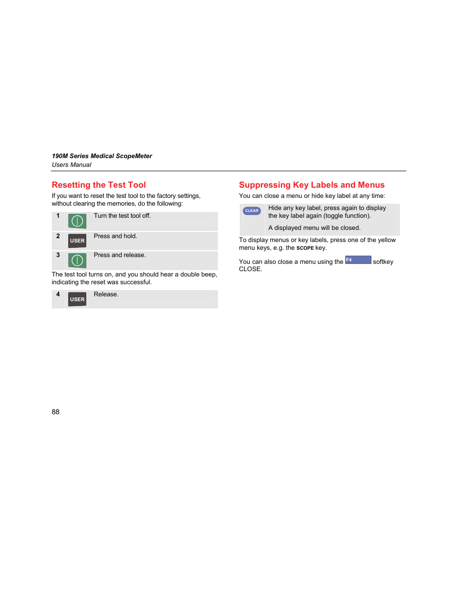 Resetting the test tool, Suppressing key labels and menus | Fluke Biomedical 190M User Manual | Page 98 / 160