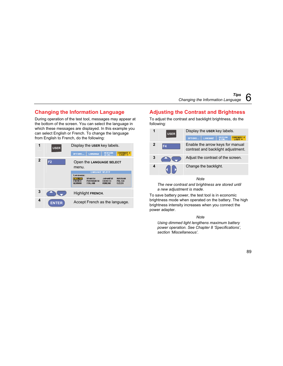 Changing the information language, Adjusting the contrast and brightness | Fluke Biomedical 190M User Manual | Page 99 / 160