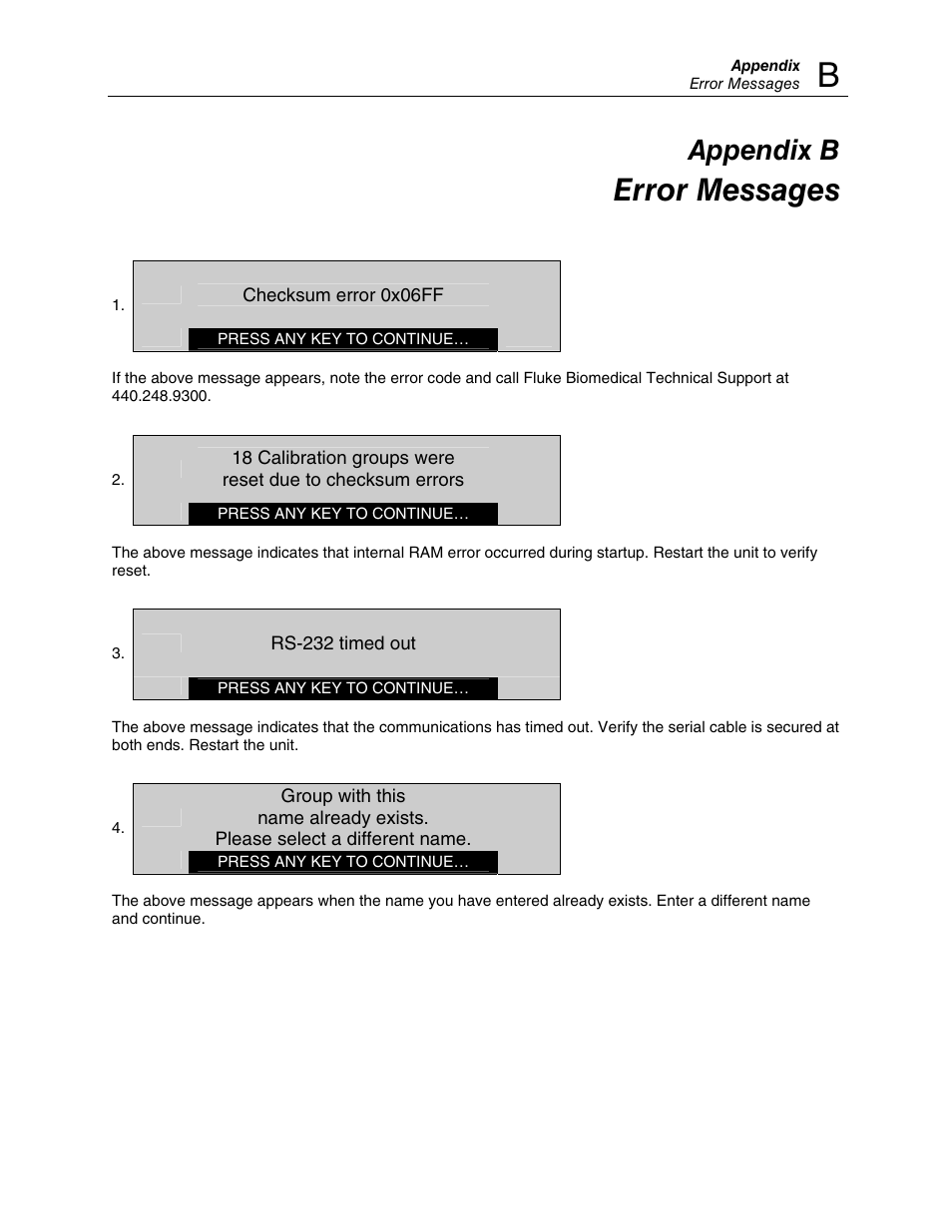 Error messages, Appendix b | Fluke Biomedical 37-705 User Manual | Page 51 / 54