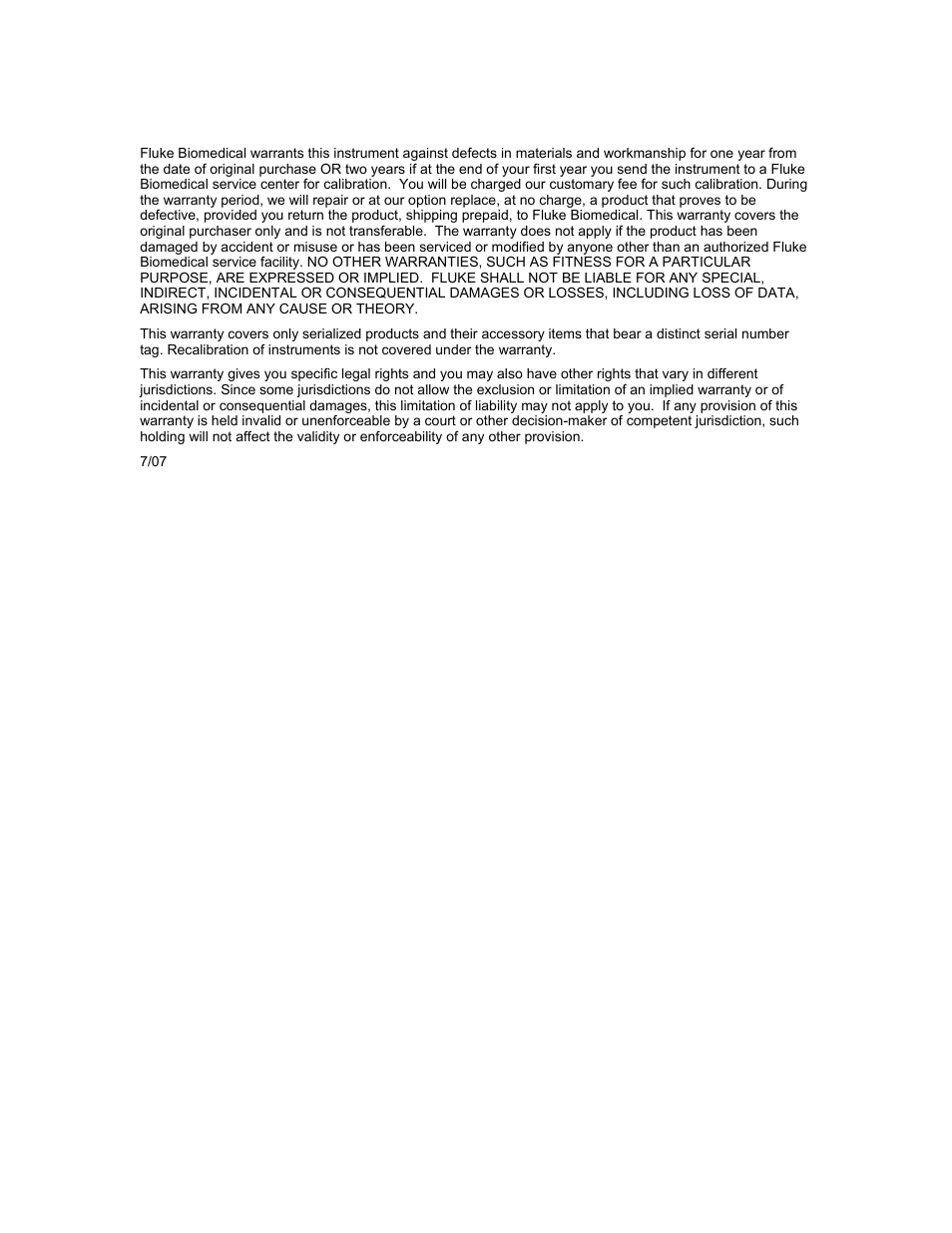 Warranty | Fluke Biomedical 05-450 User Manual | Page 2 / 32