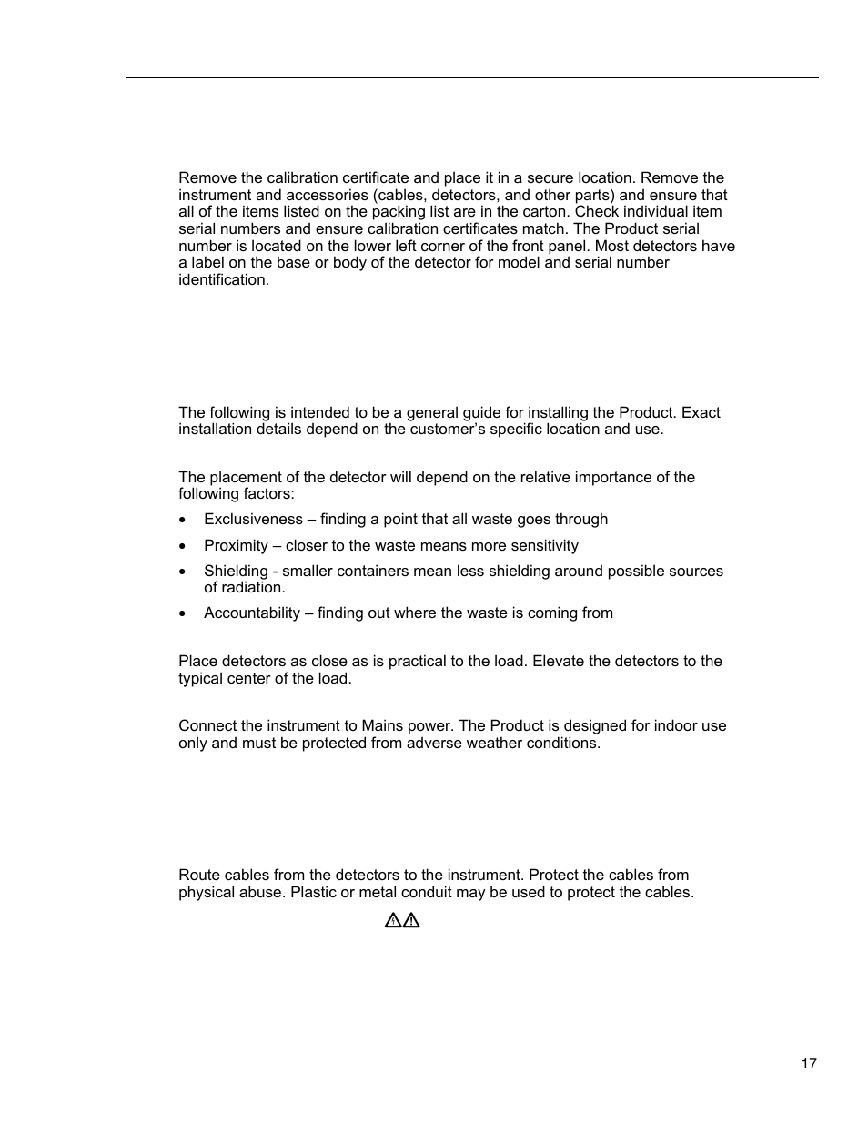 Receiving and installation, Unpacking, Installation | Location, Detectors, Instrument (counter), Cables | Fluke Biomedical 05-450 User Manual | Page 25 / 32