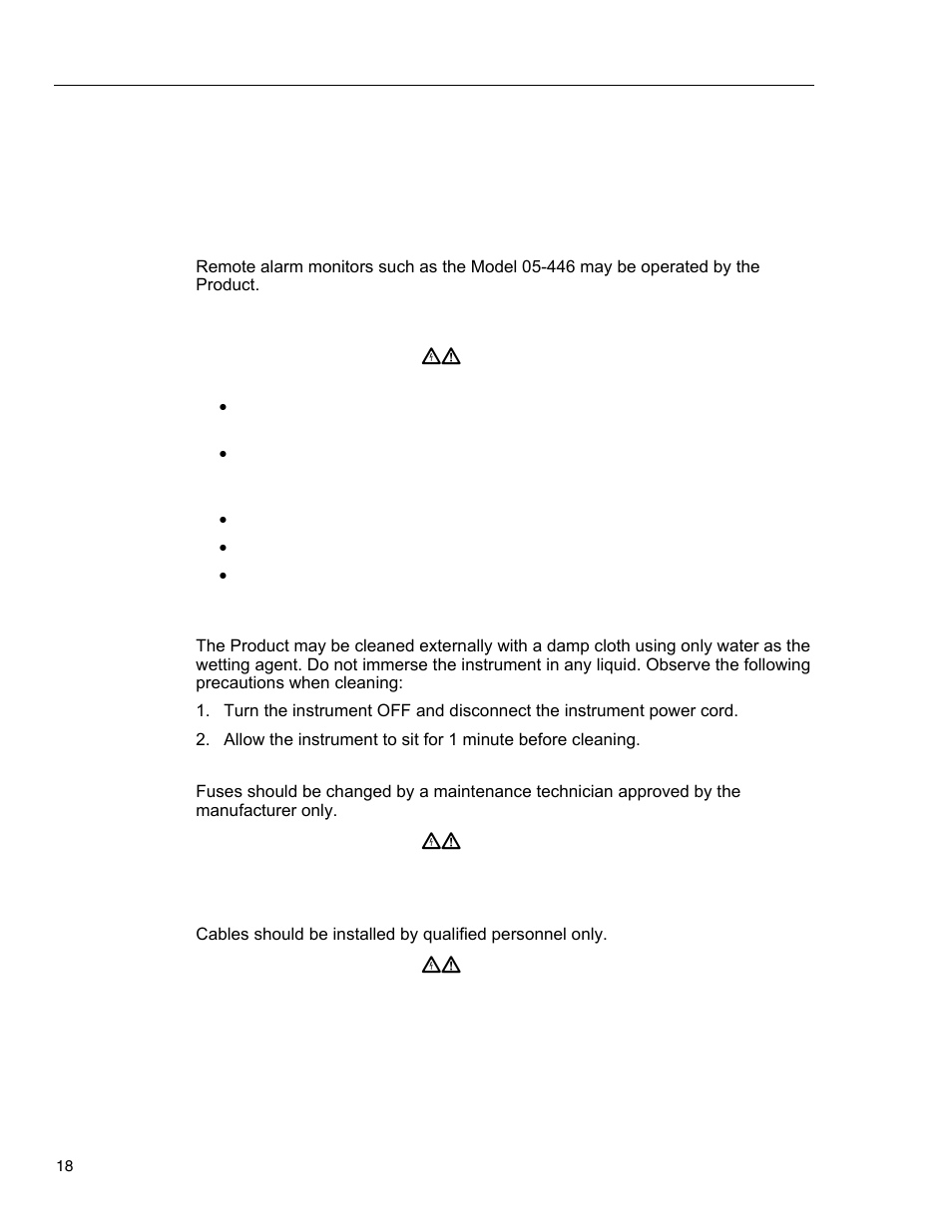 Optional remote alarms, Maintenance, Cleaning instructions and precautions | Replacement of mains fuse, Detector connector | Fluke Biomedical 05-450 User Manual | Page 26 / 32
