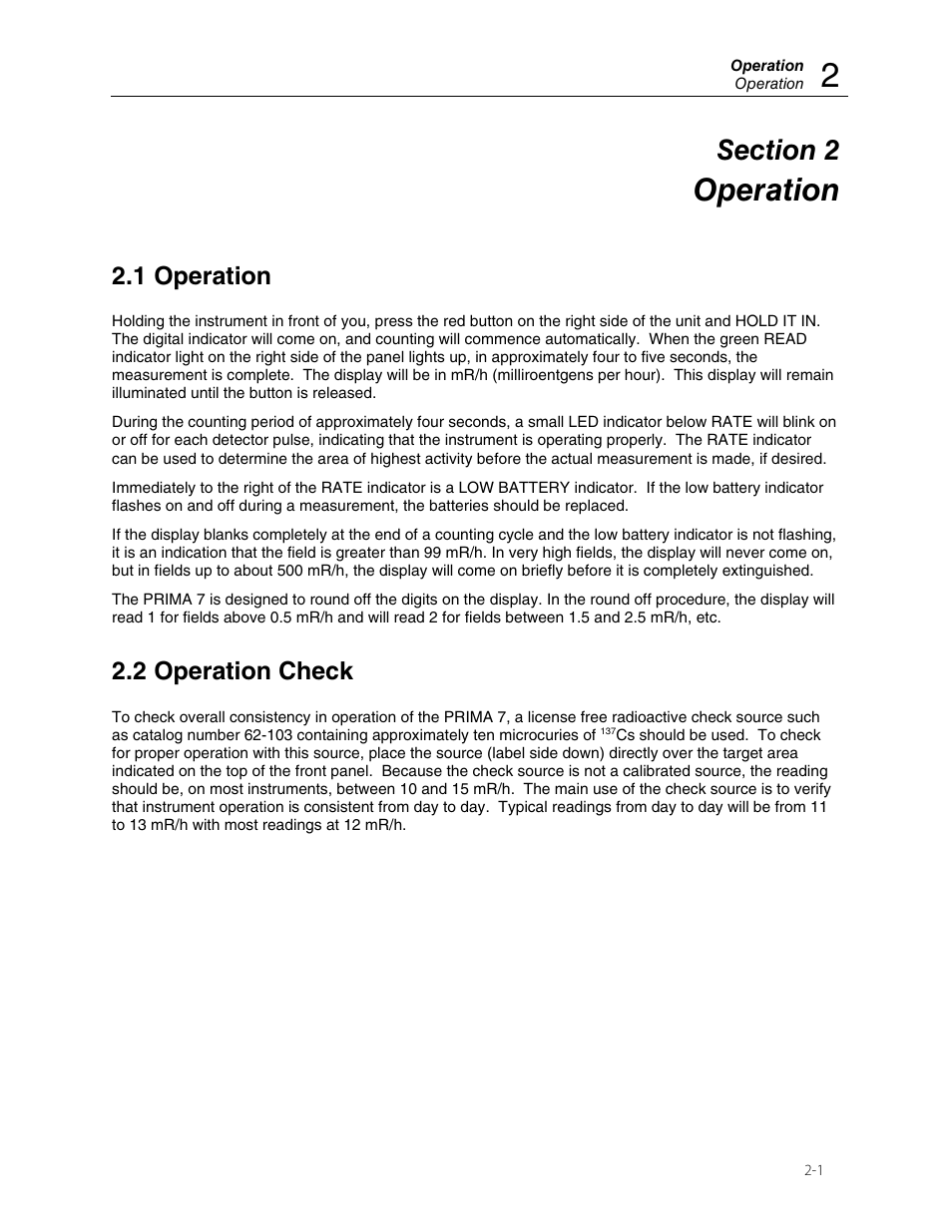 Operation, 1 operation, 2 operation check | Fluke Biomedical 05-582 User Manual | Page 7 / 10