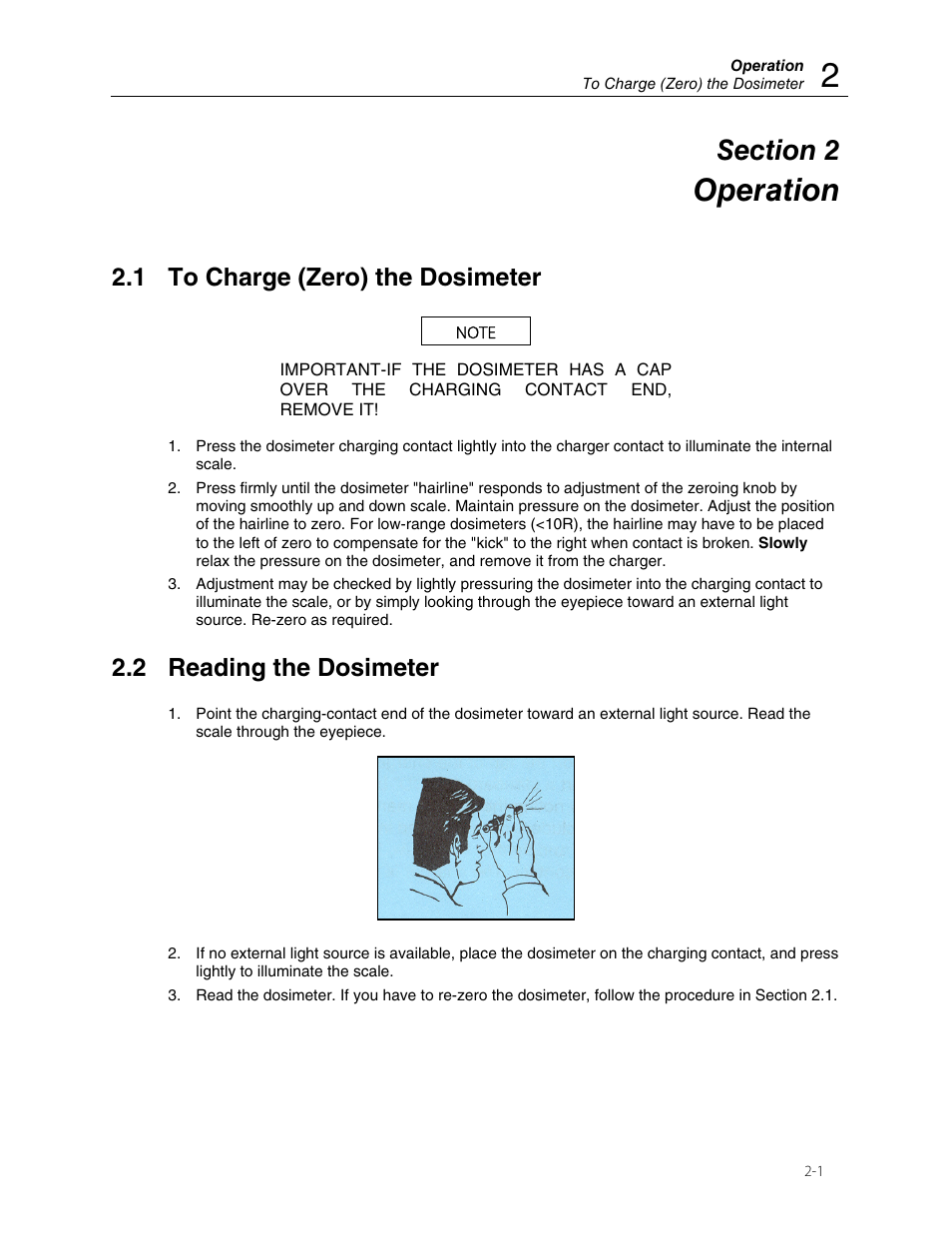 Operation, 1 to charge (zero) the dosimeter, 2 reading the dosimeter | Fluke Biomedical 06-912 User Manual | Page 7 / 12