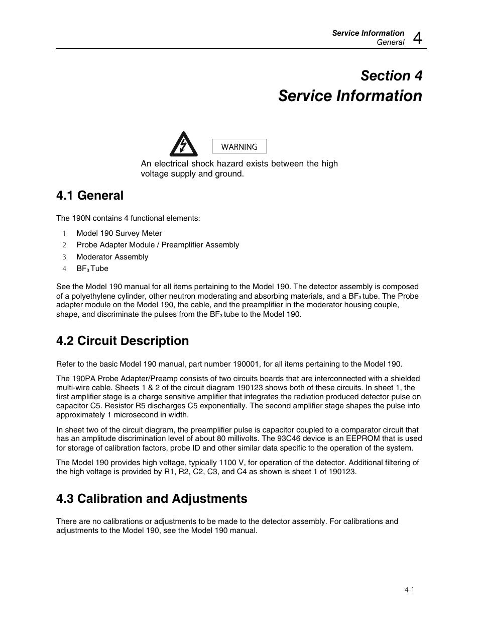 Service information, 1 general, 2 circuit description | 3 calibration and adjustments | Fluke Biomedical 190N User Manual | Page 15 / 18