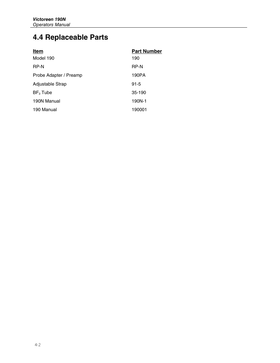 4 replaceable parts | Fluke Biomedical 190N User Manual | Page 16 / 18