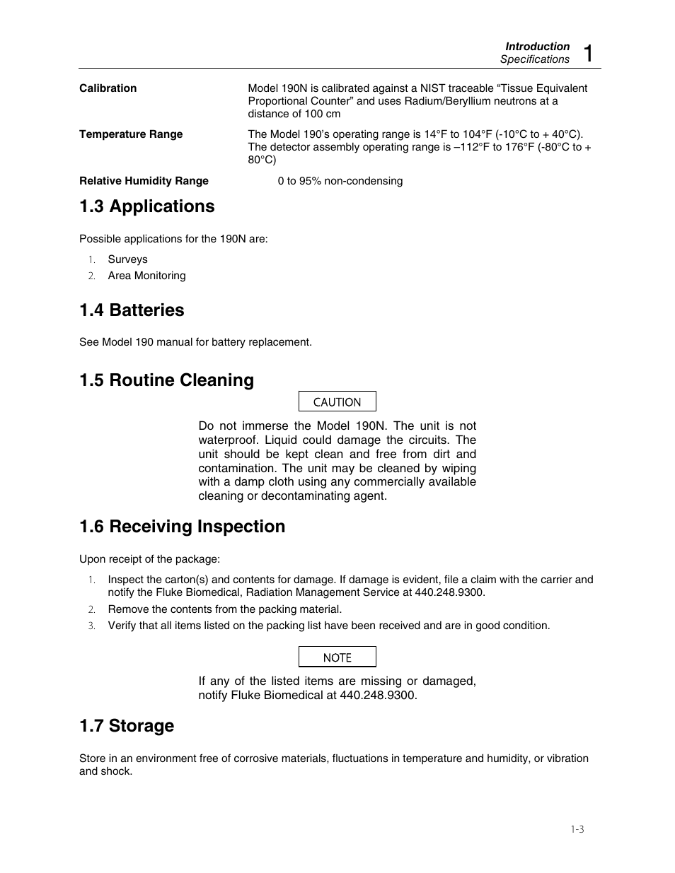 3 applications, 4 batteries, 5 routine cleaning | 6 receiving inspection, 7 storage | Fluke Biomedical 190N User Manual | Page 7 / 18