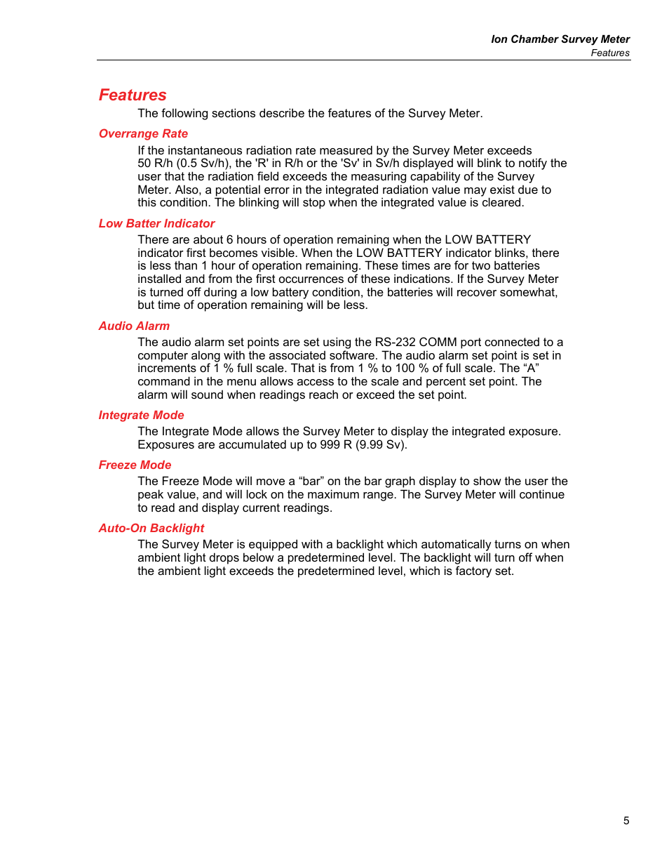 Features, Overrange rate, Low batter indicator | Audio alarm, Integrate mode, Freeze mode, Auto-on backlight | Fluke Biomedical 451B User Manual | Page 15 / 30